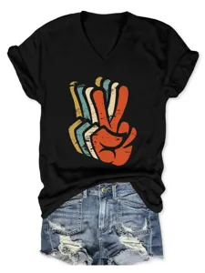 Women casual retro hand gesture print V-neck short sleeve black t-shirt summer top view