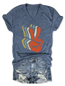 Vintage retro peace sign graphic V-neck short sleeve blue t-shirt product detail view