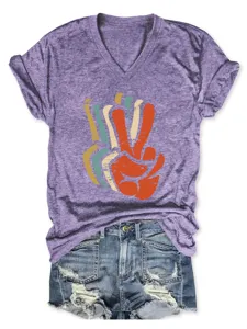 Women Vintage Peace Sign V-Neck Short Sleeve Casual T-Shirt Summer Tee Tops White