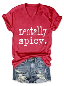 Mentally Spicy V-Ausschnitt Kurzarm Lässiges Damen T-Shirt Modisches Top Detailansicht