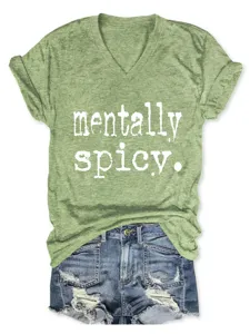 Locker geschnittenes Damen V-Ausschnitt Kurzarm T-Shirt in Olivgrün mit Spruch Druck.