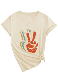 Women's vintage peace sign graphic v-neck short sleeve t-shirt with side knot design.