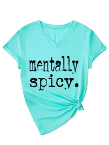 Minzgrünes Damen V-Ausschnitt Kurzarm T-Shirt mit mentally spicy Print und knoten Saum.