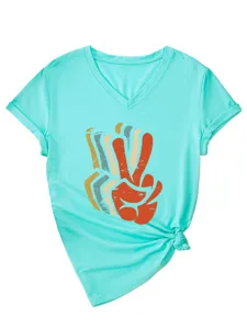 Women V-Neck Short Sleeve T-Shirt Casual Summer Peace Sign Graphic Print Side Knot Tee