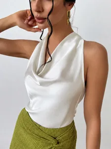 Chic Summer Women Satin Halter Sleeveless Top Elegant Sexy Cowl Neck Party Blouse