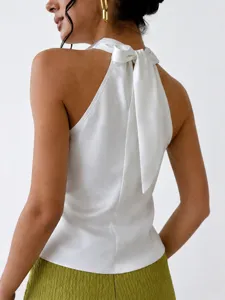 Satin halter neck sleeveless top for women, elegant summer sexy backless party blouse.