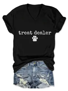 T-shirt noir décontracté à col en V et manches courtes avec motif patte d'animal.