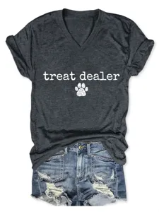 T-shirt femme décontracté gris foncé col V manches courtes avec motif patte treat dealer.