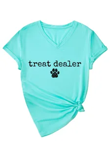 Femme Casual Col V Manches Courtes T-Shirt Mignon Animal Lettre Imprimer Hauts Été
