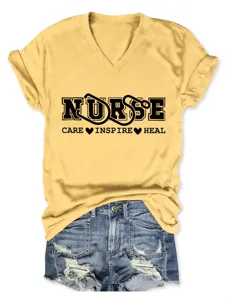 Donna Infermiera Collo a V Manica Corta T-Shirt Casual con Pantaloncini di Jeans Strappati