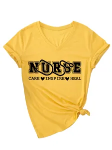 Donna casual scollo V manica corta maglietta grafica infermiera top giallo estivo