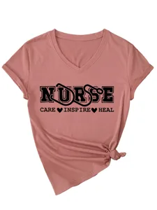 Donna Collo a V Stampa Infermiera Manica Corta T-Shirt Top Casual Cura Ispirare