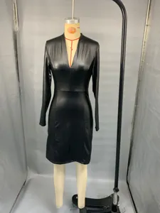 Women's V-Neck Faux Leather Long Sleeve Slim Fit Bodycon Sexy Dress Detail View