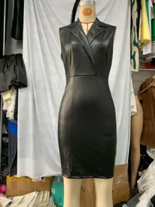 Damen ärmelloses Revers PU Lederkleid einfarbig schmale Mini Kleid Mode Clubwear