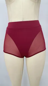 High-waisted sports shorts detail showing burgundy stretch fabric and side mesh splice design.