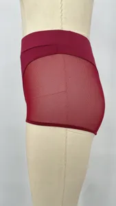 Close-up detail of burgundy high-waisted mesh spliced stretch yoga sports shorts.