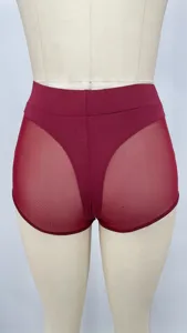 Detail view of wine red high waist mesh patchwork stretch yoga sport shorts, activewear.