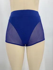 Detailed view of women high-waist yoga shorts featuring breathable side mesh patchwork design.