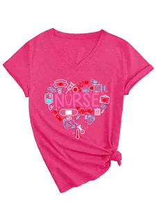 Damen V-Ausschnitt Kurzarm T-Shirt mit süßem Krankenschwester Herz medizinischem Print lässig Top.