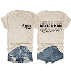 Senior Mom 2027 graduation short sleeve t-shirt, casual round neck cotton blend top detail view.