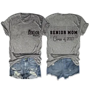 Senior mom class of 2027 grey short sleeve t-shirt, casual graphic tee detail front and back.