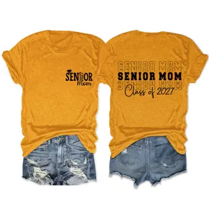Senior Mom Class of 2027 t-shirt, casual short sleeve yellow tee for proud graduation mothers.