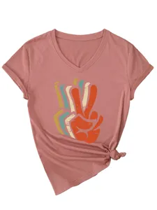 Detailed view of women's v-neck short sleeve t-shirt with retro peace hand graphic knot.