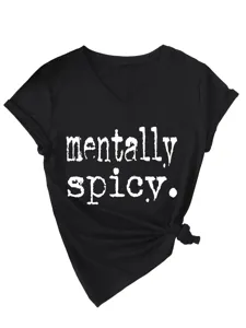 Schwarzes V-Ausschnitt Kurzarm-T-Shirt mit trendigem Spruch-Print und modischem Knoten.