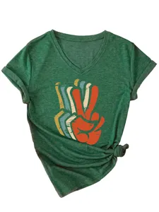 Vintage green V-neck short sleeve t-shirt with peace hand sign graphic detail