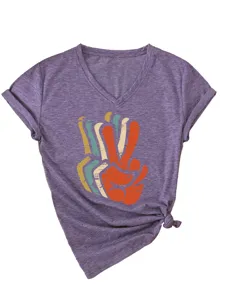 Women retro peace hand graphic V-neck short sleeve t-shirt casual knot hem purple top summer