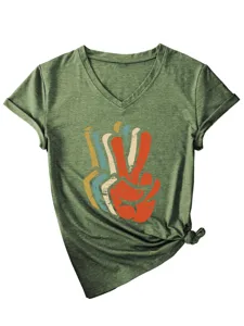 Women's V-neck short sleeve t-shirt retro peace sign graphic casual green tee top