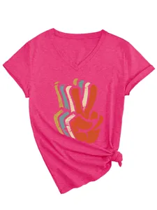Close-up detail of women v-neck short sleeve t-shirt with retro peace hand sign graphic.