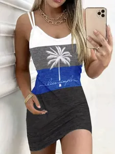 Γυναικείο μίνι φόρεμα colorblock χωρίς μανίκια με τύπωμα φοίνικα και κομψό σχεδιασμό.