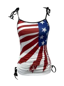 Women Casual American Flag Print Camisole Top Striped Stars Sleeveless V Neck Slim Fit Street Style Summer Vest