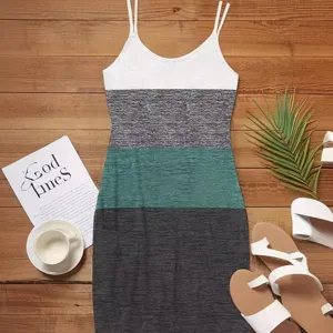 Γυναικείο κοντό φόρεμα color block με τιράντες casual αμάνικο ριγέ για το καλοκαίρι