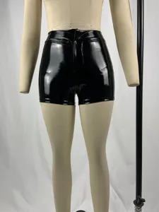 Black shiny PU leather hot shorts detail view, high waist bodycon design for sexy clubwear.