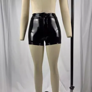 Black PU leather high waist hot pants, sexy bodycon party clubwear shorts for women main view.