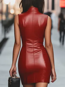 Women red leather sleeveless bodycon dress sexy stand collar slim fit clubwear party dress