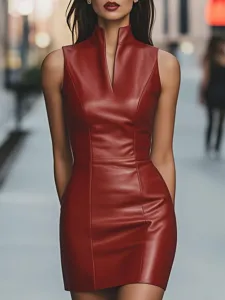 Women red leather mock neck sleeveless slim fit bodycon dress stylish sexy clubwear