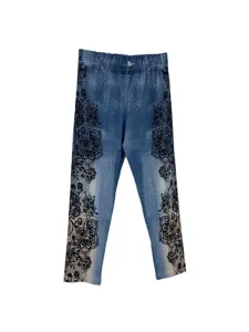 Women's Fashion Printed Fake Denim Leggings High Waist Slim Fit Yoga Pants with Lace
