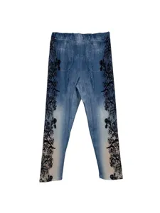 Close-up of women's denim print leggings featuring intricate side black lace floral patterns.
