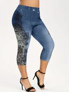 Women's Casual High Waist Printed Denim Leggings Stretch Cropped Pants Lace Floral Slim Fit Fashion Activewear Bottoms