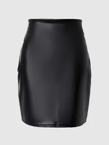 Zwarte PU lederen minirok met hoge taille, strakke aansluitende rok voor dames.