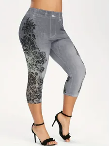 Women grey printed denim leggings capri yoga pants lace floral stretch fitness trousers