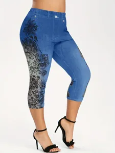 Women's printed denim leggings cropped pants casual athletic fitness yoga workout pants