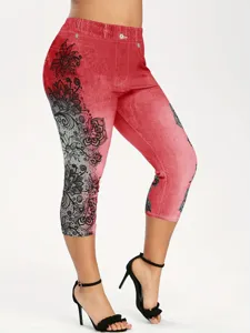 Women's faux denim printed cropped leggings high waist floral casual fitness pants