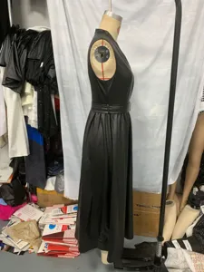 Fashion elegant casual solid black sleeveless belted long dress for women autumn 85c