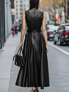 Women black sleeveless faux leather maxi dress with stylish belt elegant fall apparel
