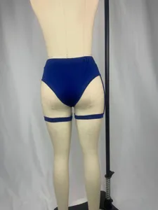 Sexy blue high waist lifting shorts back view detail displaying thigh strap design.