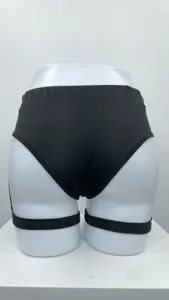 Black sexy hot pants with leg straps, butt lifting shorts for women, back view display detail.